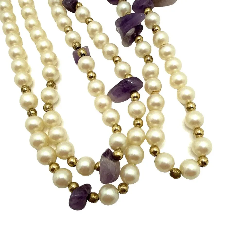 Vintage Faux Pearl Amethyst Chip Station Necklace Long Stone Boho Energy Calming